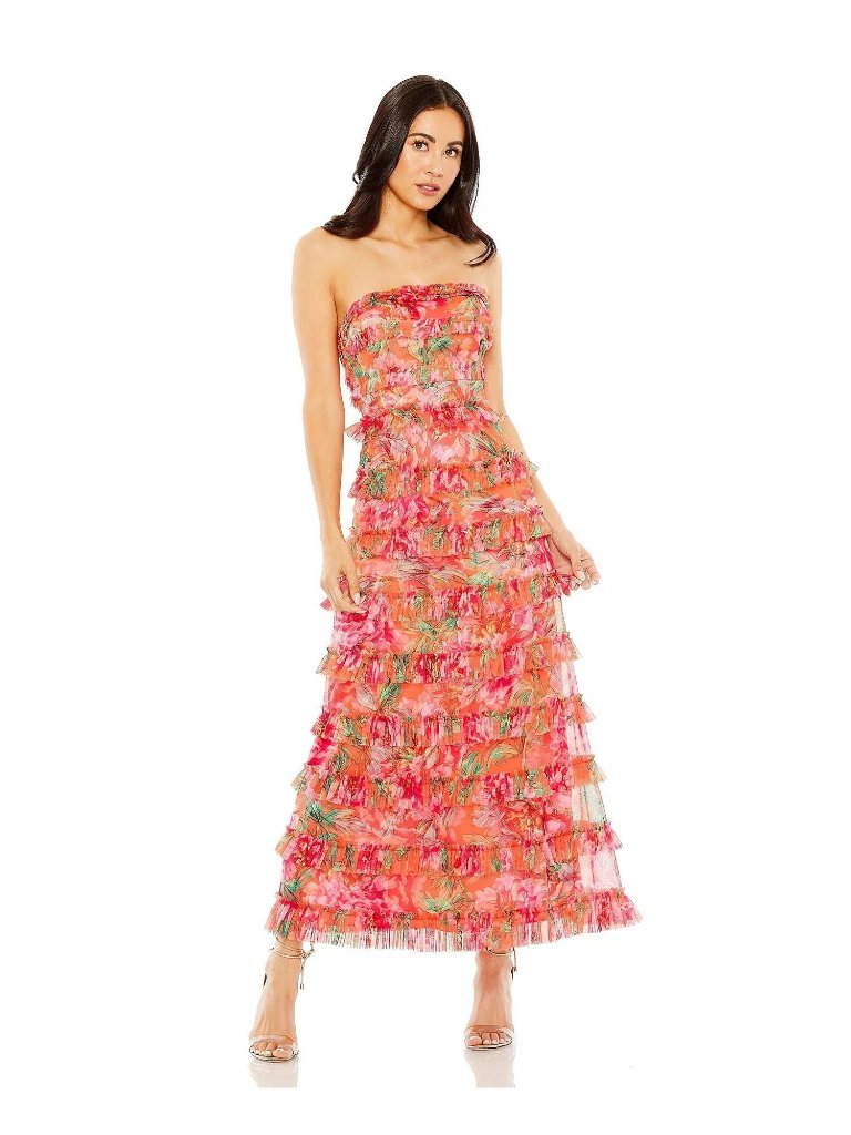 Mac Duggal Micro Ruffle Dress Romance Enchanting Garden Floral Tiered Womens 8